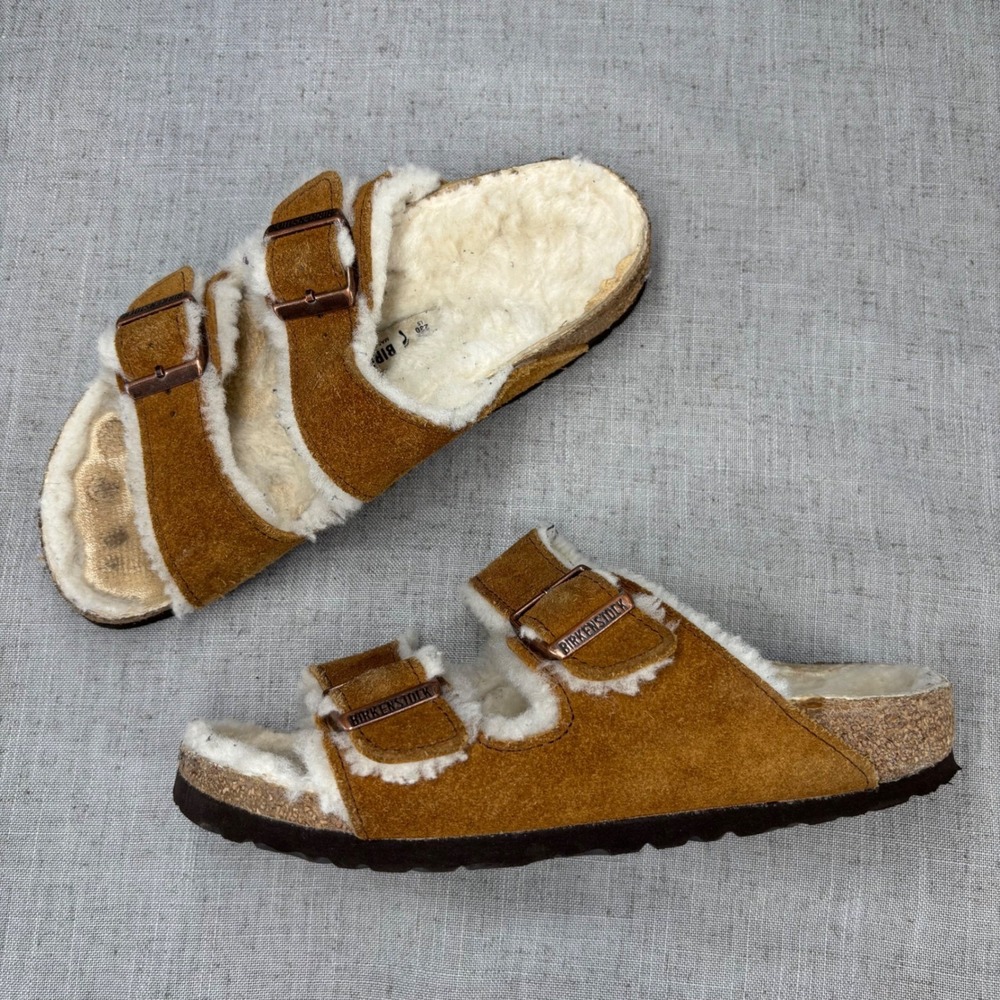 Birkenstock Arizona Shearling Suede Tan Leather Slides Sandals Women's‎ EU 36